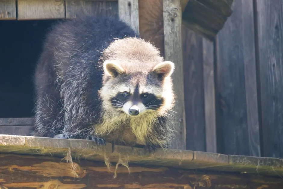 A raccoon peeks out from a wooden structure in a natural outdoor setting, showcasing its furry details.